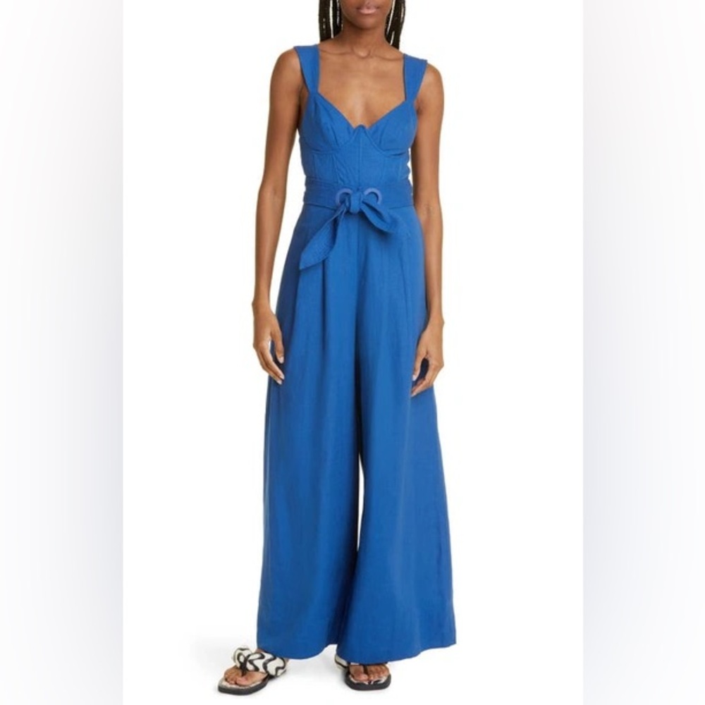 Farm Rio belted pleated linen-blend jumpsuit